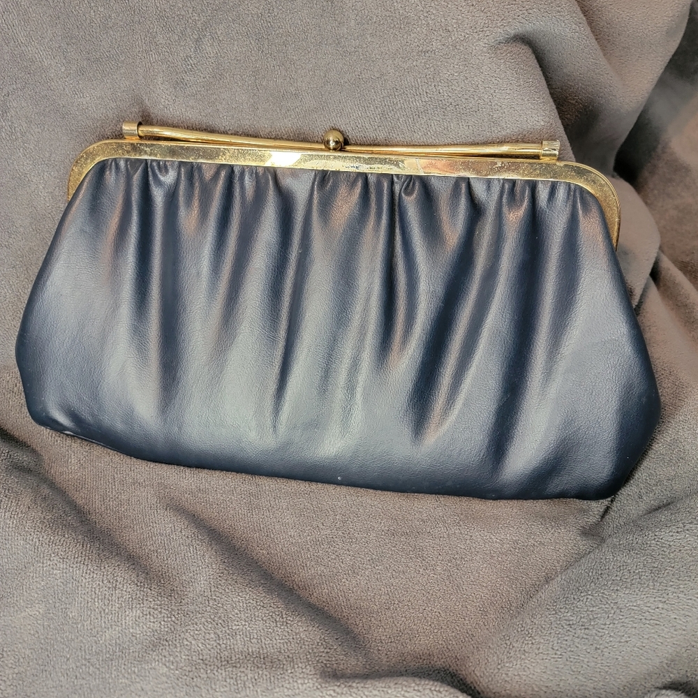 VERY RARE VINTAGE Navy Blue Clutch with Cream Interior and Gold Closure